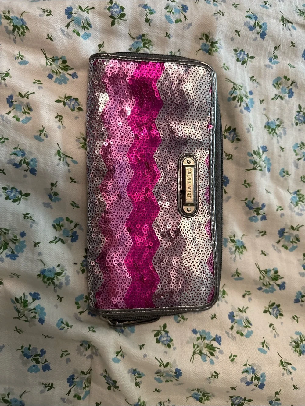 Nine West Pink and Silver Sequin Chevron Zip Wallet